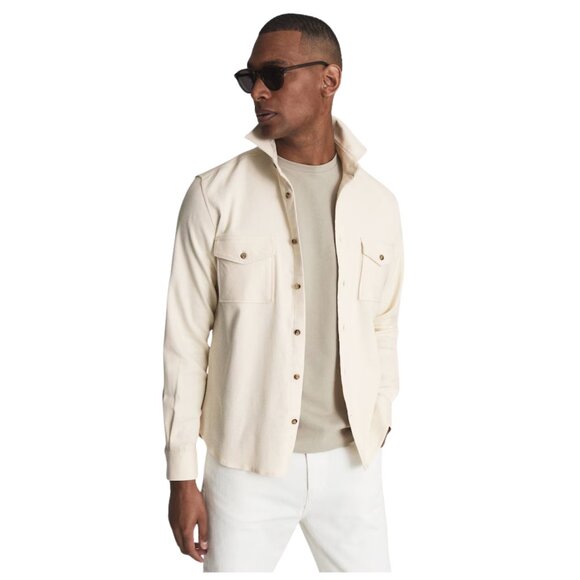 REISS James Twill Jersey Overshirt in Ecru Size Large